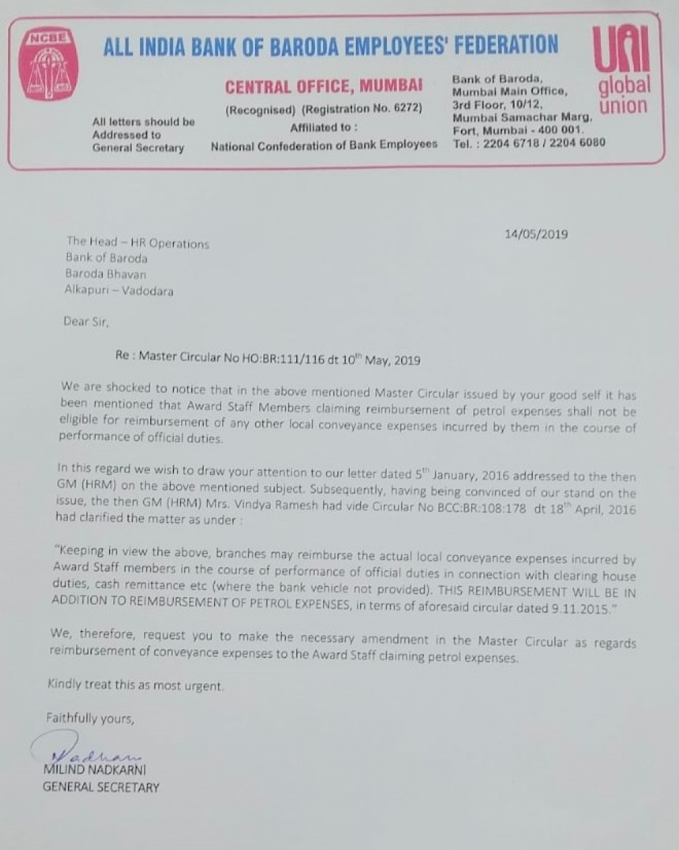 Letter to Head - HR Operations for Conveyance Expense to Staff
