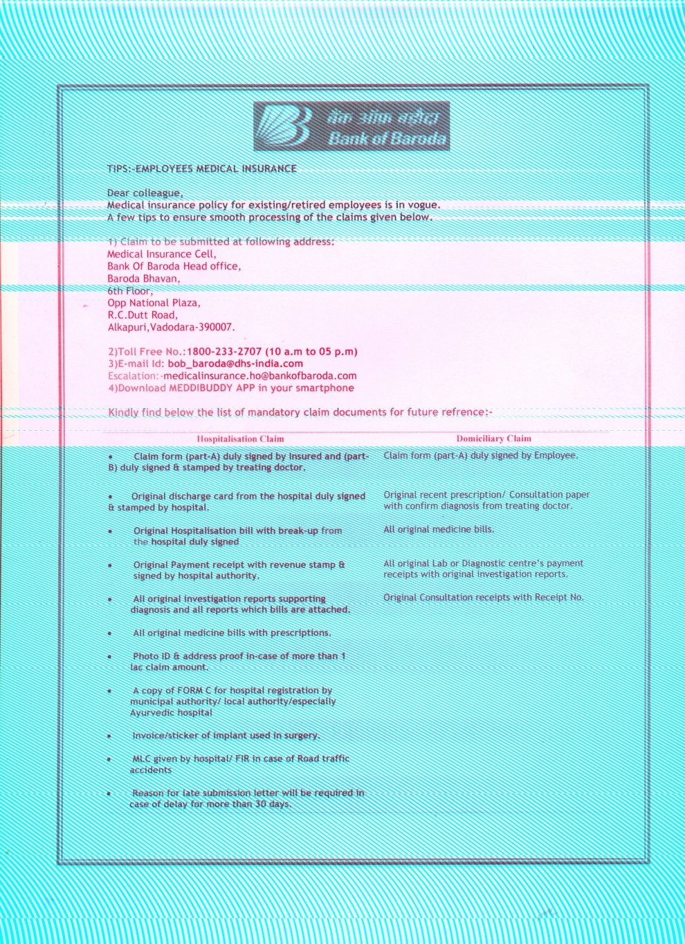 Employee Medical Insurance - Claim Documents List