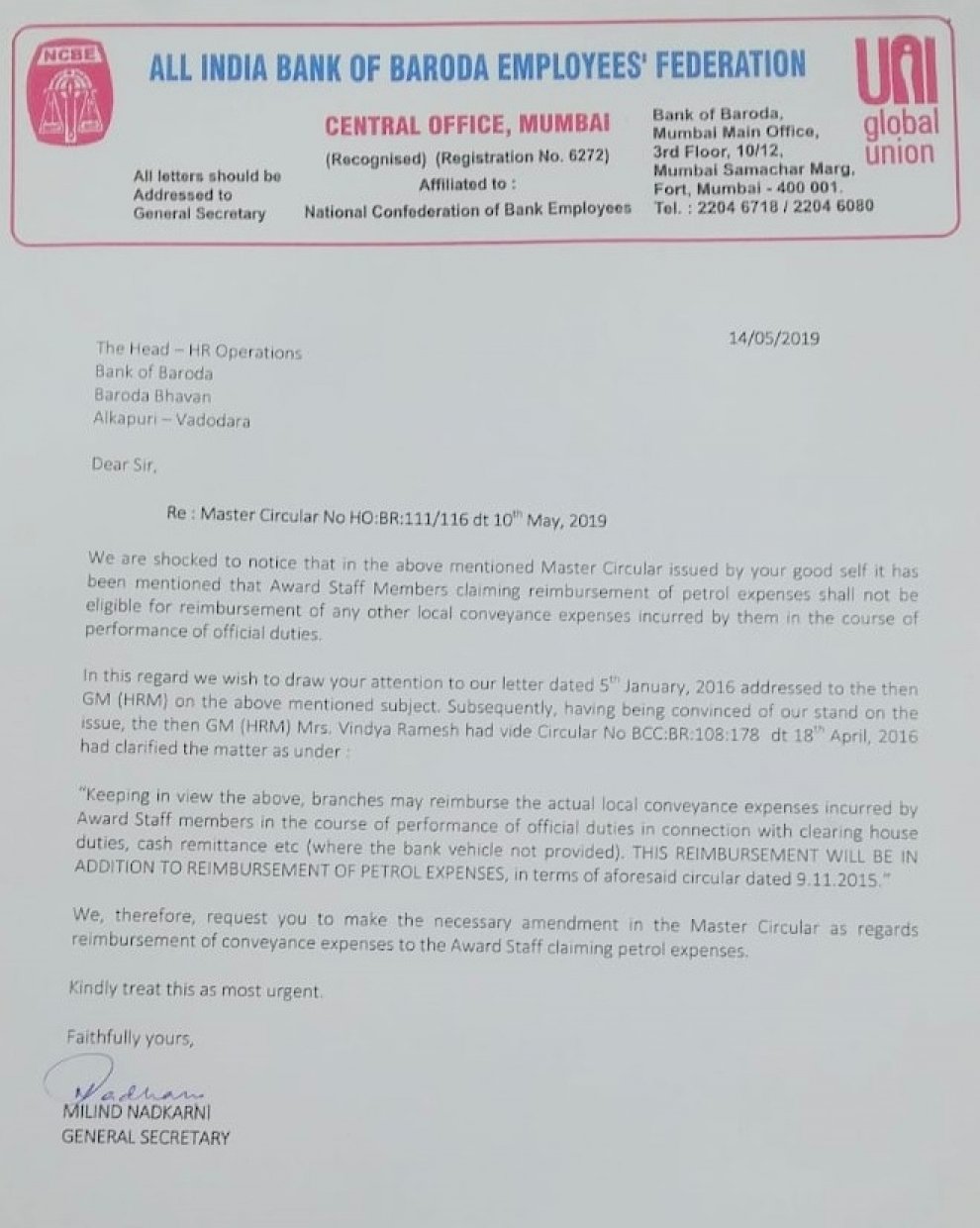 Letter to Head - HR Operations for Conveyance Expense to Staff
